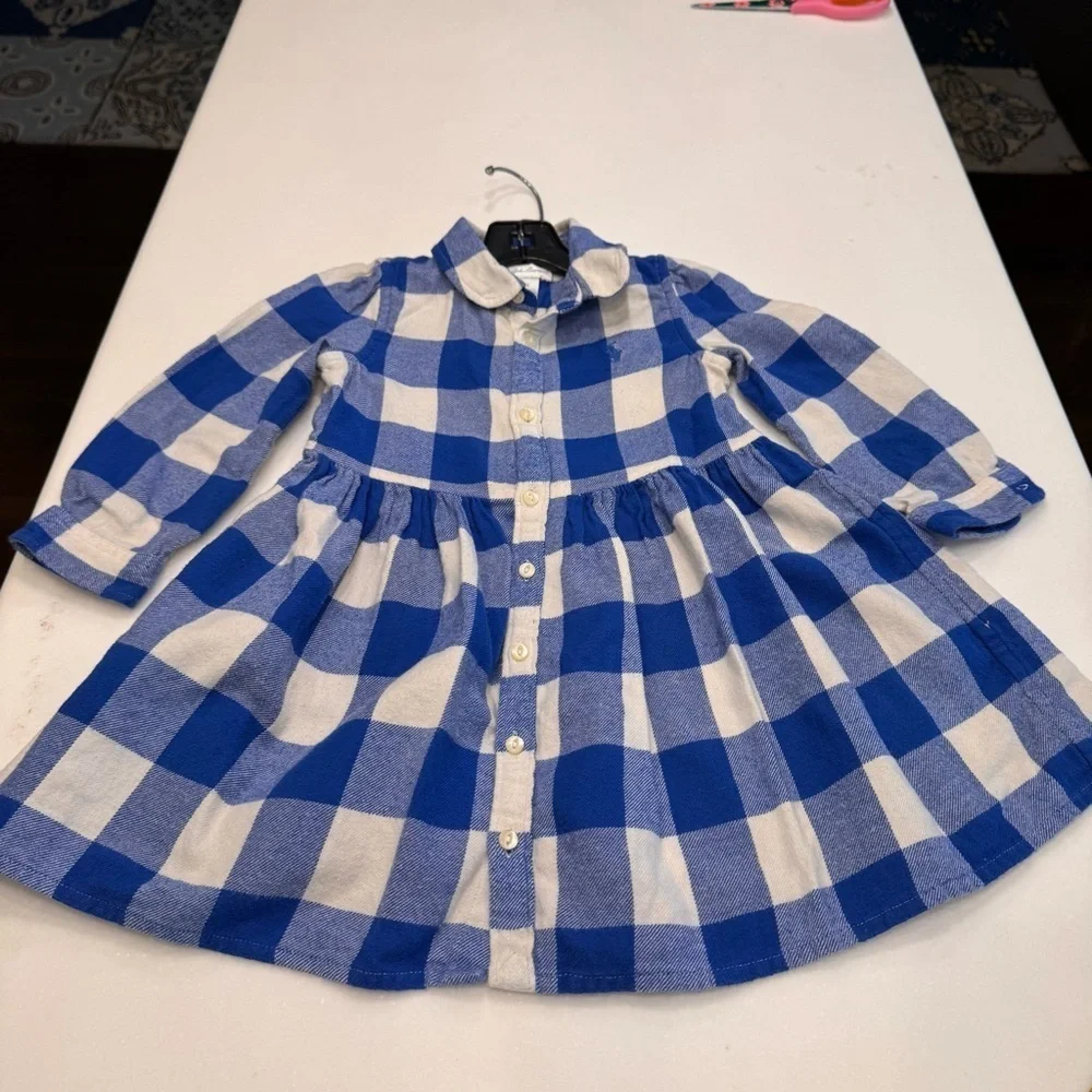 RALPH LAUREN BLUE PLAID COTTON TWILL SHIRT DRESS SIZE 24 MONTHS